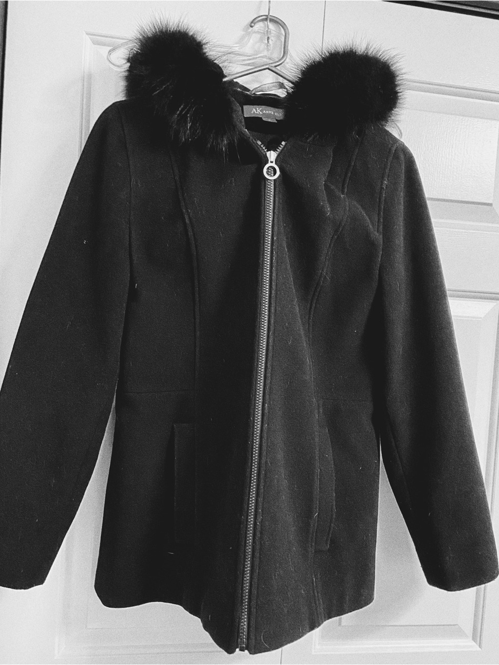 Anne Klein Black Hooded Wool-Blend Coat with Faux Fur Trim